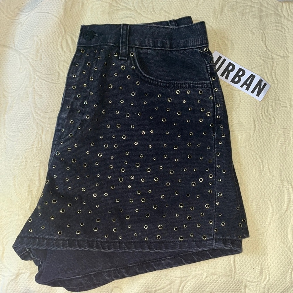 UO Black studded mom shorts